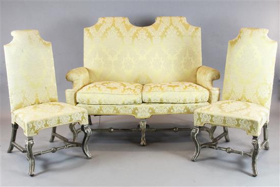 A Louis XIV design silvered wood seven piece salon suite,